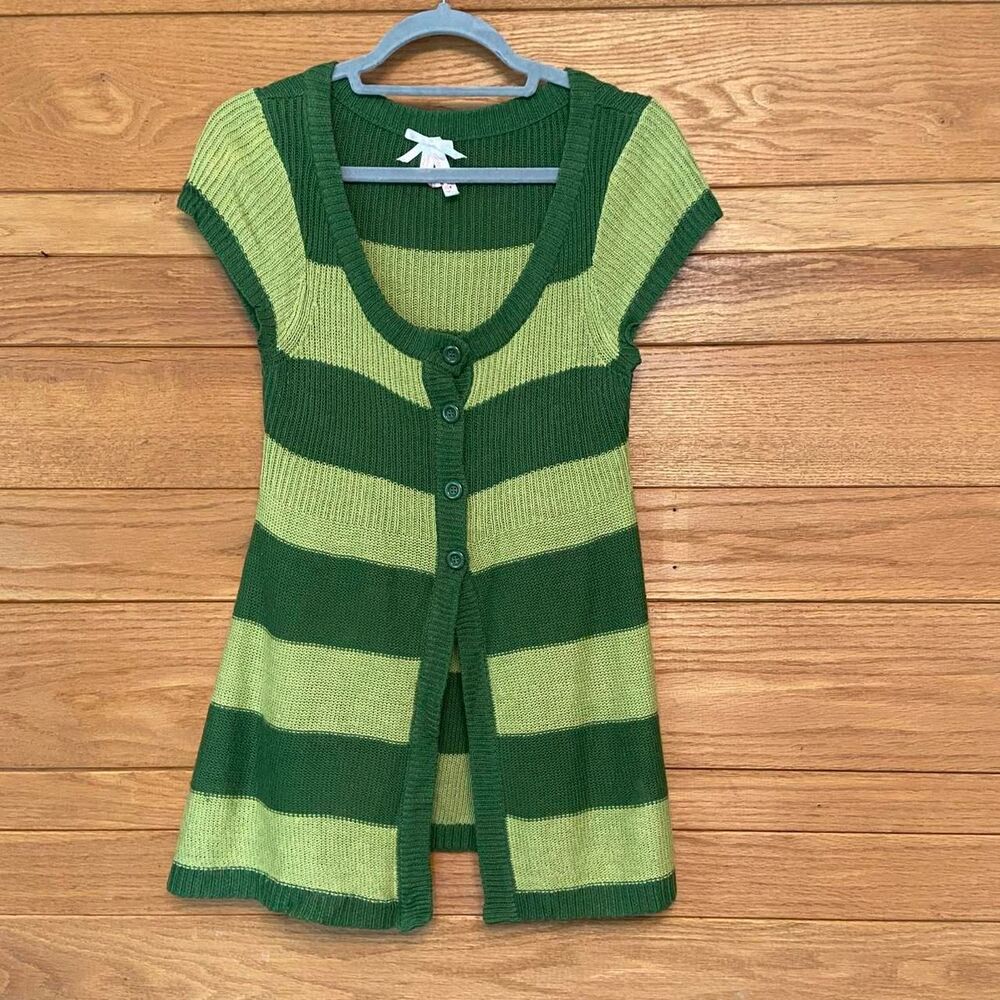 Y2K vintage Derek Heart green striped short sleeve button front cardigan sweater